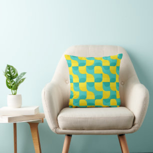 Mid-Century Modern Teal & Yellow Geometric Truchet Throw Pillow