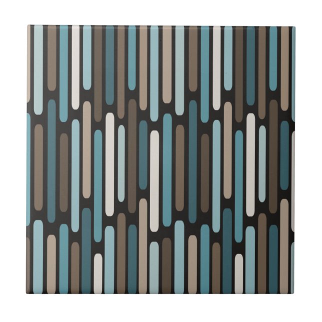 Mid Century Modern Thin Stripes Turquoise Brown Tile (Front)