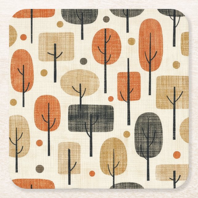 Mid Century Modern Tree Pattern Square Paper Coaster (Front)