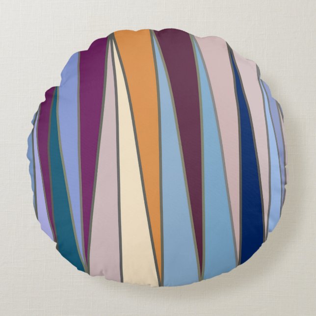 Mid-Century Modern Triangles, Blue, Purple & Gold Round Pillow (Front)