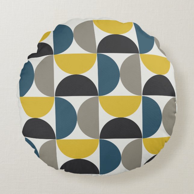 Mid-Century Modern Turmer Gunmetal and blue   Round Pillow (Front)