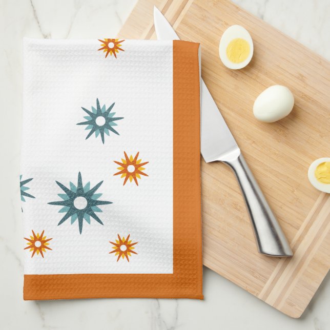 Mid-Century Modern Turquoise & Orange Starbursts Kitchen Towel (Quarter Fold)