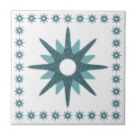 Mid-Century Modern Turquoise Starburst Design Tile<br><div class="desc">Mid-century modern inspired design a vintage retro turquoise starburst on a white background, framed by a border of smaller starbursts. Simple, clean modern seamless design. Create your own custom pattern by using the fields provided, or use the "message" button to contact the designer for help. To create your own design:...</div>