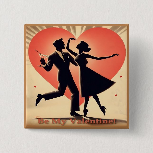 Mid Century Modern Valentine Dancing Couple  2 Inch Square Button (Front)