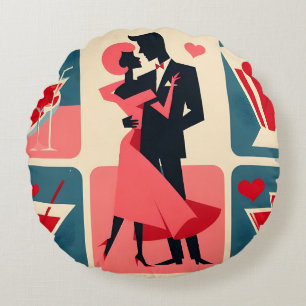 Mid Century Modern Valentine Dancing Couple Round Pillow