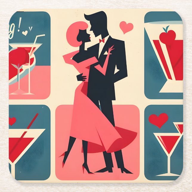 Mid Century Modern Valentine Dancing Couple Square Paper Coaster (Front)