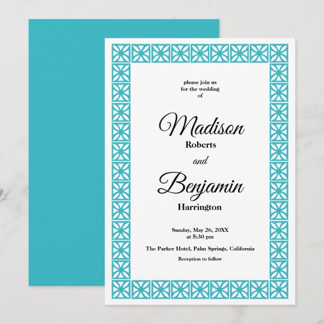 Mid Century Modern Wedding, Retro, Blue, White Invitation (Front/Back)