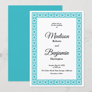 Mid Century Modern Wedding, Retro, Blue, White Invitation