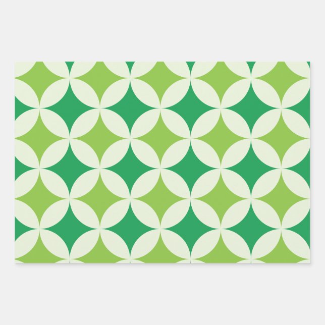 Mid Century modern White Green Starbursts Circles  Wrapping Paper Sheet (Front)