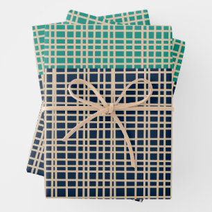 Mid Century Modern Woven Colour Block Pattern Blue Wrapping Paper Sheet