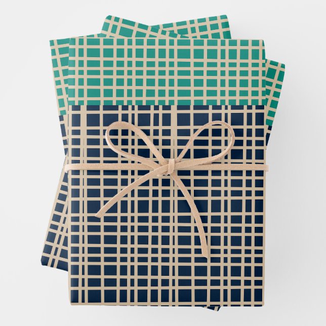 Mid Century Modern Woven Colour Block Pattern Blue Wrapping Paper Sheet (In situ)