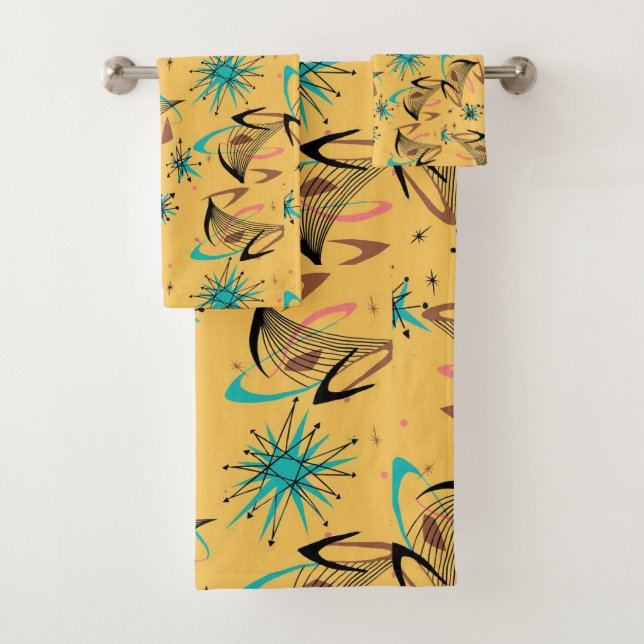Mid Century Modern Yellow Black Turquoise Bath Towel Set (Insitu)