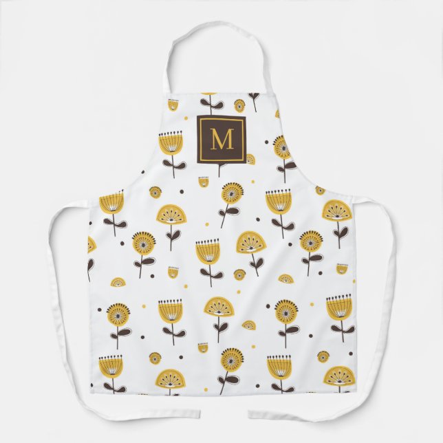 Mid Century Modern Yellow Floral Pattern Monogram Apron (Front)