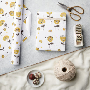 Mid Century Modern Yellow Floral Pattern Wrapping Paper
