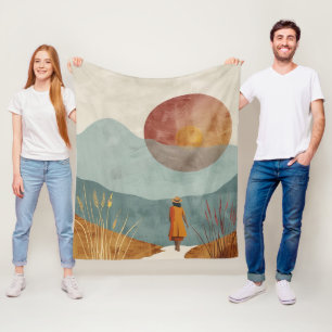 Mid Century Mountain Landscape Terracotta Sage Art Fleece Blanket