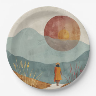 Mid Century Mountain Landscape Terracotta Sage Art Paper Plate