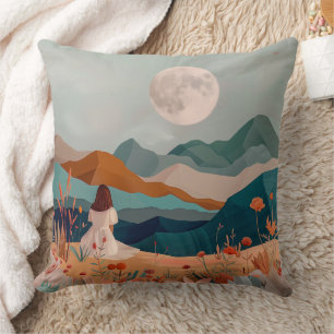 Mid Century Mountain Landscape Terracotta Sage Art Throw Pillow