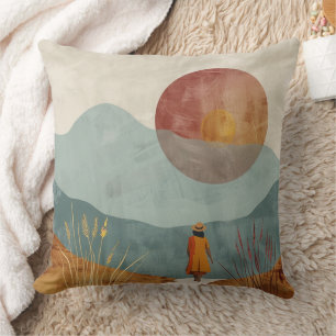 Mid Century Mountain Landscape Terracotta Sage Art Throw Pillow