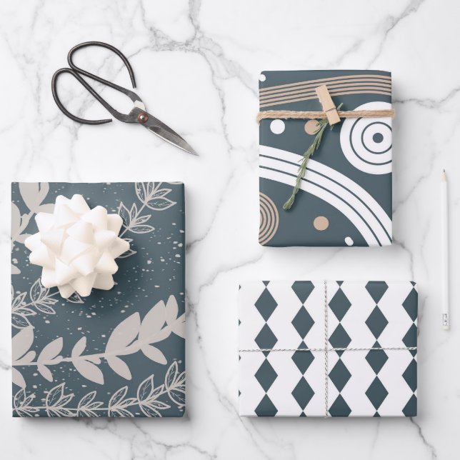 Mid Century Navy Blue Geometric Botanical Wrapping Paper Sheet (Front)