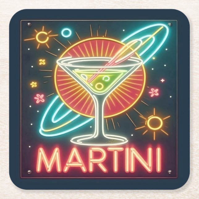 Mid Century Neon Martini Sign  Square Paper Coaster (Front)