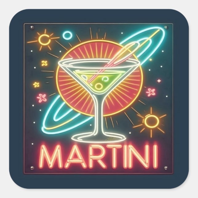 Mid Century Neon Martini Sign Square Sticker (Front)