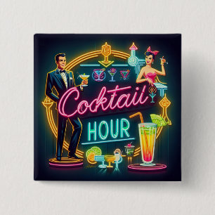 Mid Century Neon Sign Cocktail Hour Couple 2 Inch Square Button