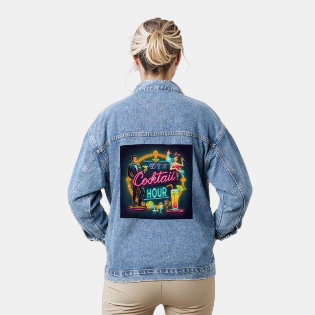 Mid Century Neon Sign Cocktail Hour Couple Denim Jacket (Model)