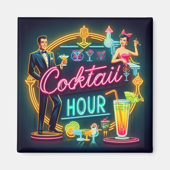 Mid Century Neon Sign Cocktail Hour Couple Magnet (Front)