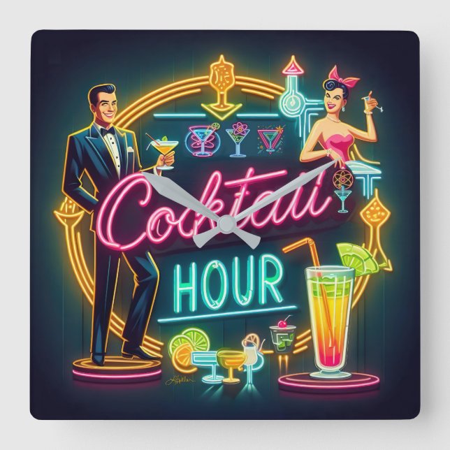 Mid Century Neon Sign Cocktail Hour Couple Square Wall Clock (Front)