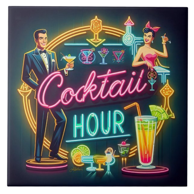 Mid Century Neon Sign Cocktail Hour Couple Tile (Front)