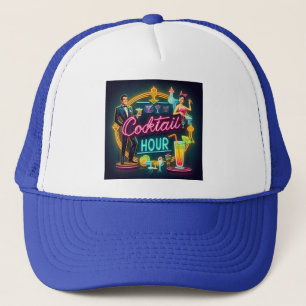 Mid Century Neon Sign Cocktail Hour Couple Trucker Hat