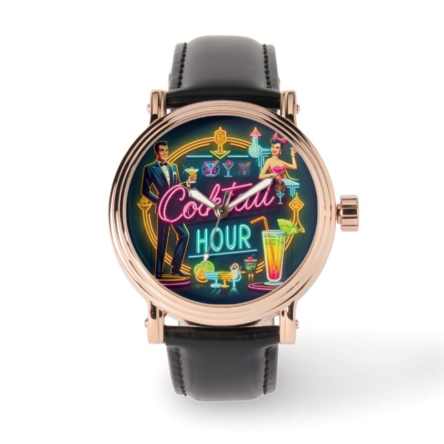 Mid Century Neon Sign Cocktail Hour Couple Watch (Front)