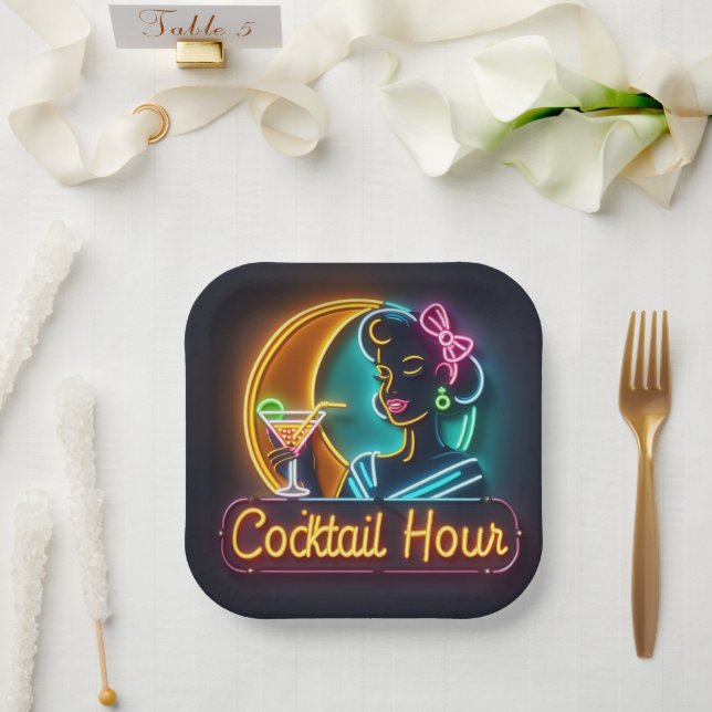 Mid Century Neon Sign Cocktail Hour Woman Paper Plate (Wedding)