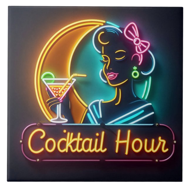 Mid Century Neon Sign Cocktail Hour Woman Tile (Front)