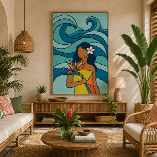 Mid century Ocean Wave Bird of Paradise Wahine Canvas Print