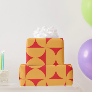 Mid Century Orange Half Circles Pattern on Red  Wrapping Paper