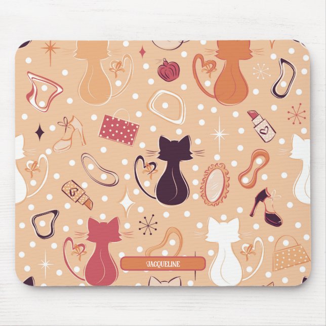 Mid Century Orange Heart Cats Mouse Pad (Front)