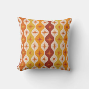 Mid Century Orange Mod Stars on ogee pattern   Throw Pillow