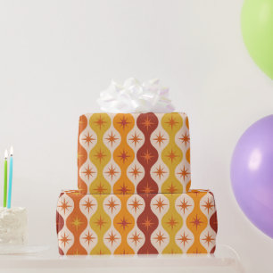 Mid Century Orange Mod Stars on ogee pattern    Wrapping Paper