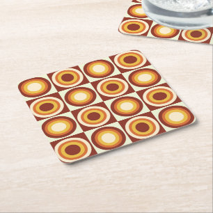 Mid Century Orange Yellow Circles on squares Square Paper Coaster