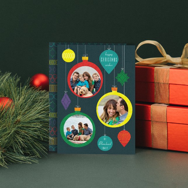 Mid Century Ornaments Three Photo Holiday Card (Creator Uploaded)