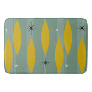 Mid Century Ovals Starbursts Stripes, Gold on Teal Bath Mat