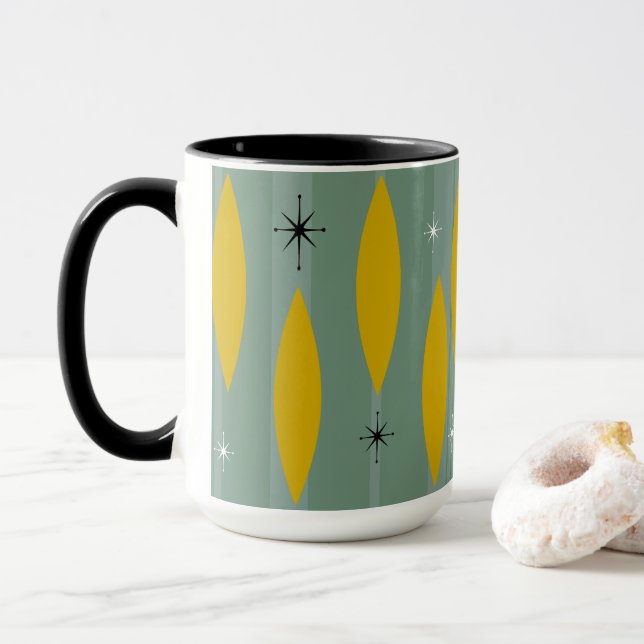 Mid Century Ovals Starbursts Stripes, Gold on Teal Mug (With Donut)