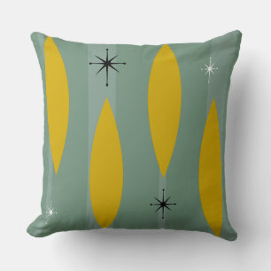 Mid Century Ovals Starbursts Stripes, Gold on Teal Throw Pillow