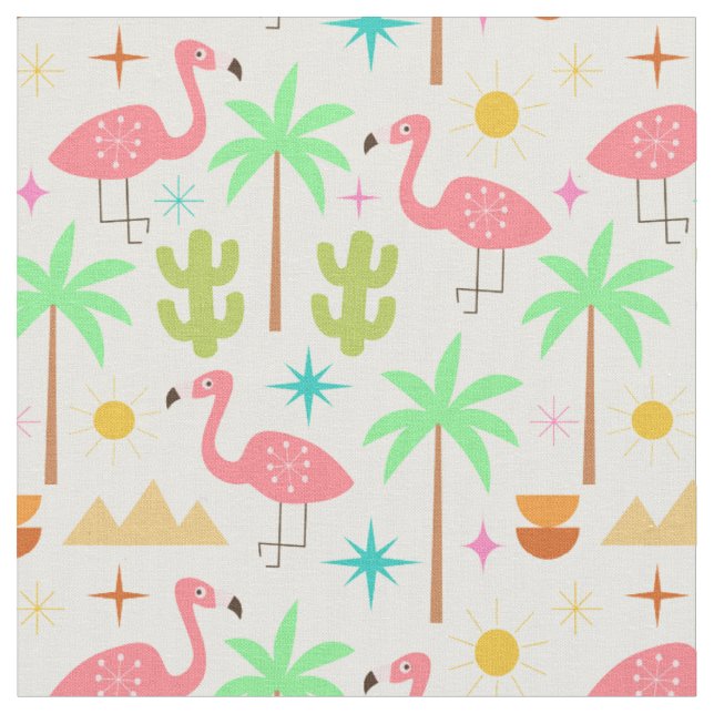 Mid Century Palm Springs Flamingo with Trees Fabric (Close Up)