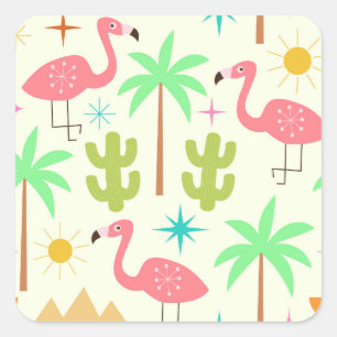 Mid Century Palm Springs Flamingo with Trees  Square Sticker