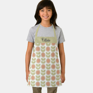  Mid-Century Pastel Pink Retro Floral Pattern Apron