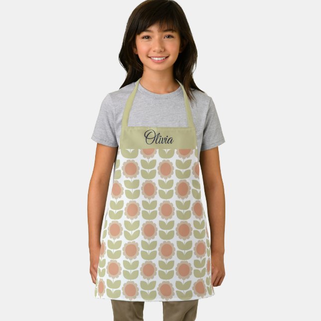  Mid-Century Pastel Pink Retro Floral Pattern Apron (Insitu)