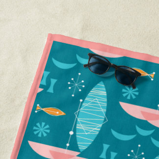 Mid Century Pink Catamaran - Blue Background Beach Towel