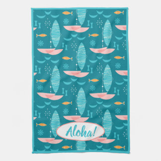 Mid Century Pink Catamaran - Blue Background Kitchen Towel